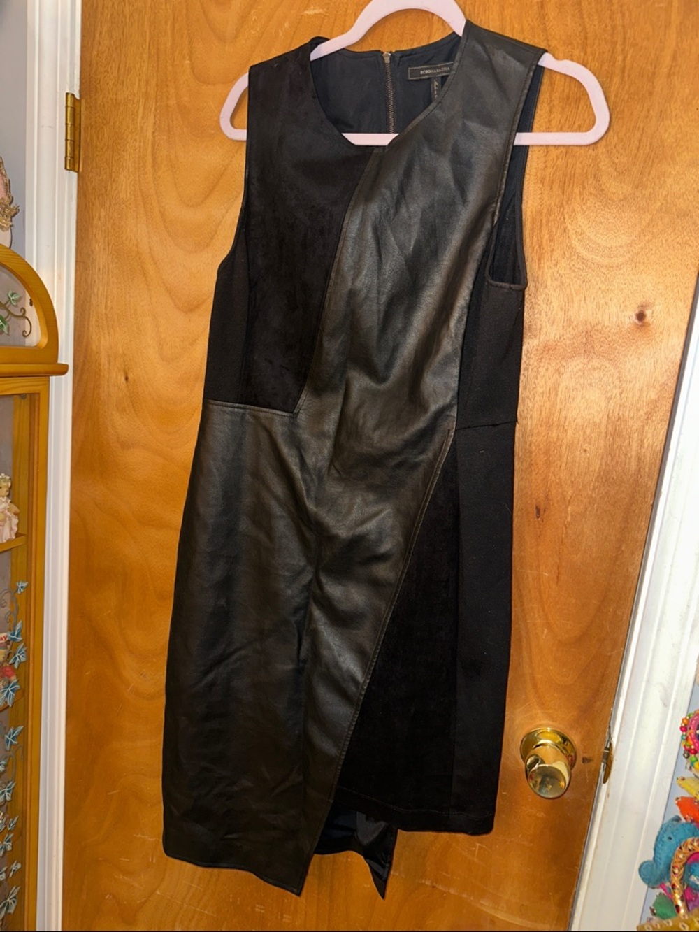 BCBGMaxAzria Black Faux Leather & Suede Panel Shift Mini Dress